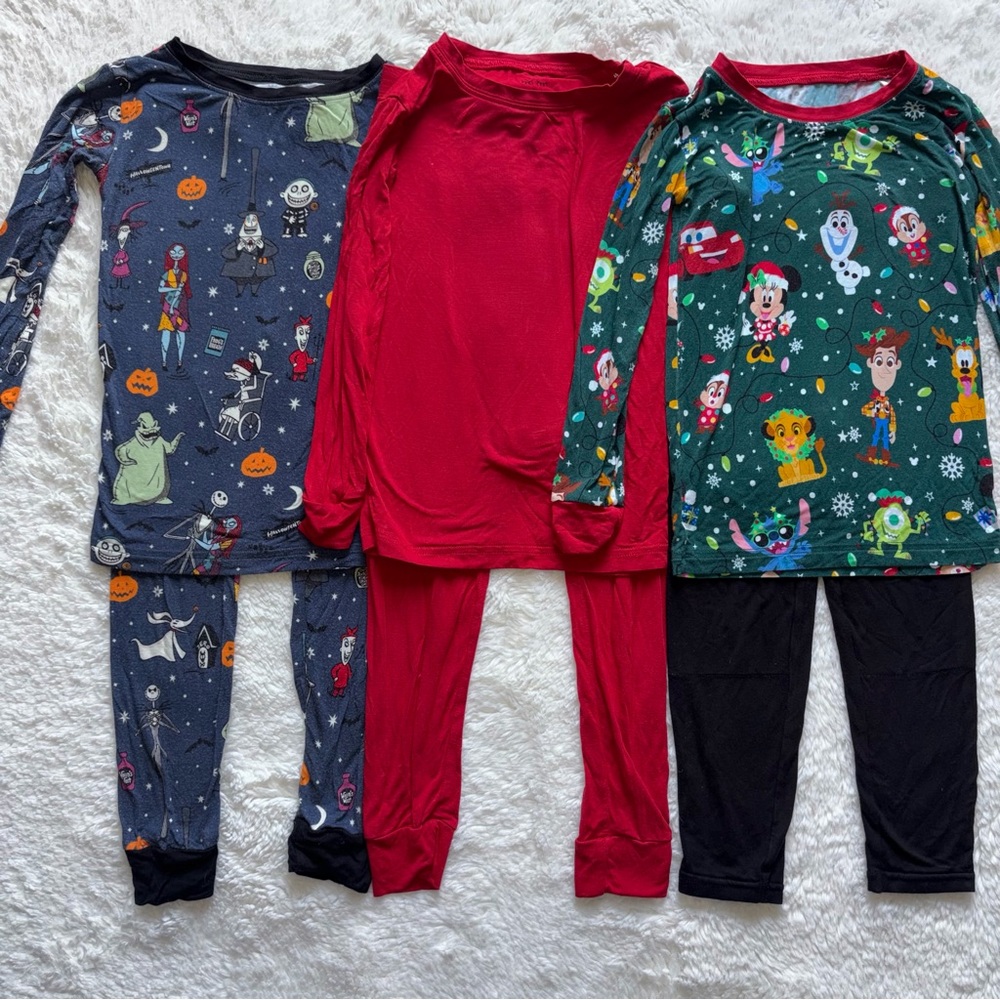 Three Disney Little Sleepies 4T Long Pajama Sets Glow Halloween Christmas Red